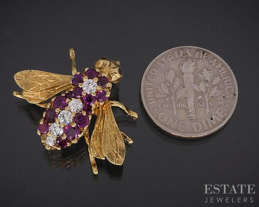18k Yellow Gold Herbert Rosenthal Ruby & Diamond Bee Bug Pin Brooch 5.2g i18953