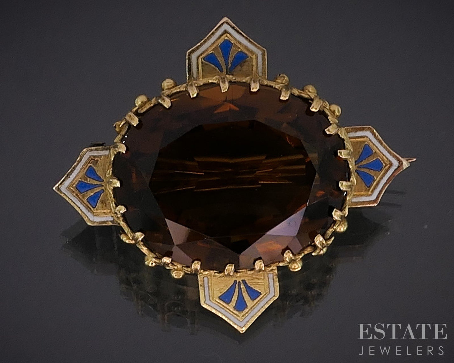 Antique Victorian 20k Yellow Gold Maderia Citrine Enameled Pin Brooch 6g i18960