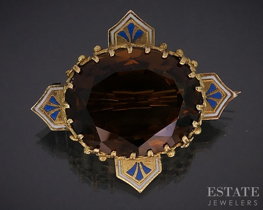 Antique Victorian 20k Yellow Gold Maderia Citrine Enameled Pin Brooch 6g i18960