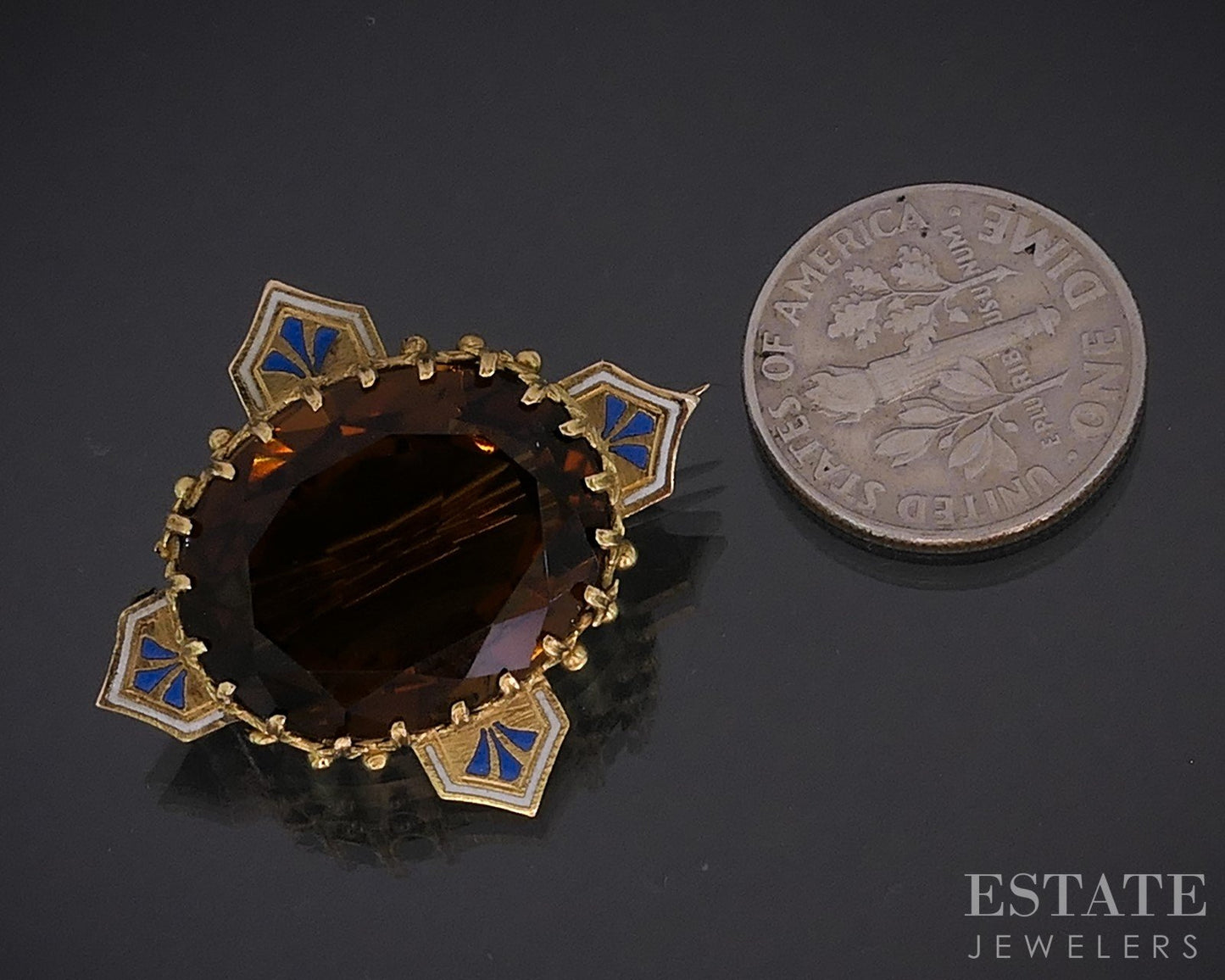 Antique Victorian 20k Yellow Gold Maderia Citrine Enameled Pin Brooch 6g i18960