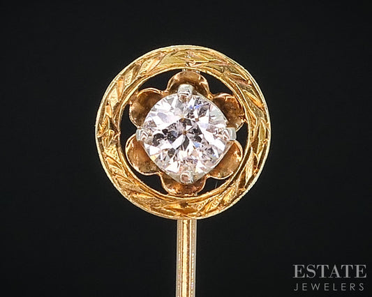 Antique 14k Yellow Gold European Cut Natural .25ct Diamond Stick Pin 1.5g i18961