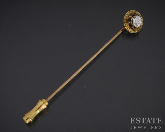 Antique 14k Yellow Gold European Cut Natural .25ct Diamond Stick Pin 1.5g i18961
