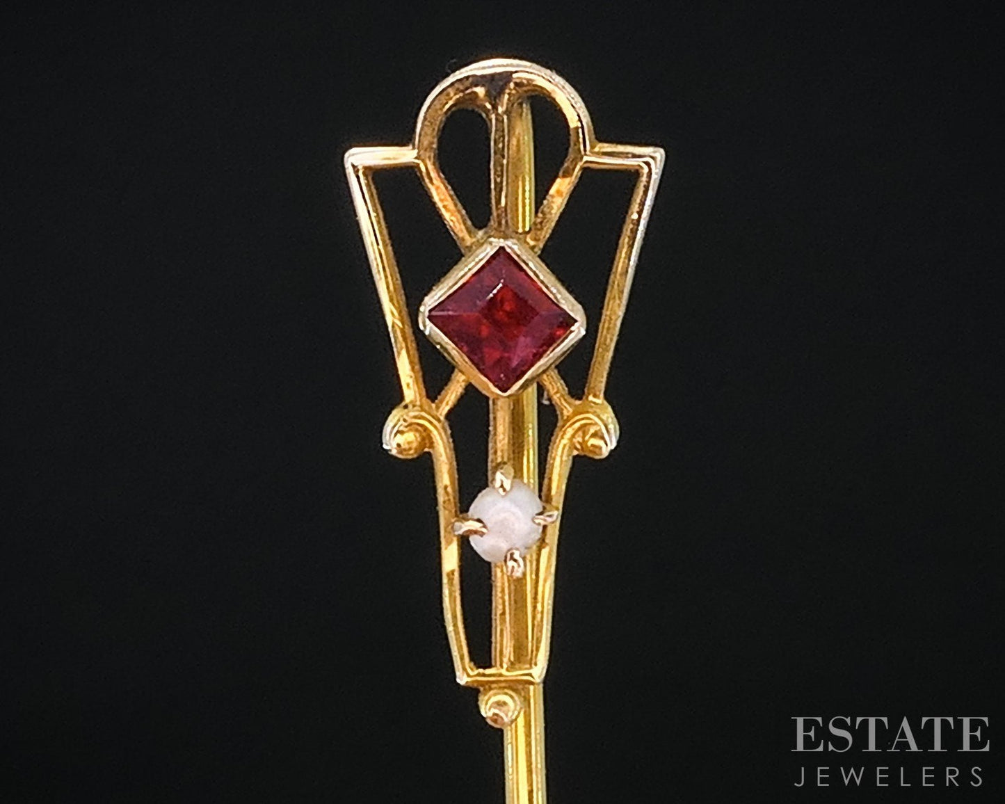 Antique 10k Yellow Gold Ostby Barton Red Stone Seed Pearl Stick Pin 0.8g i18962