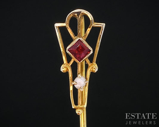 Antique 10k Yellow Gold Ostby Barton Red Stone Seed Pearl Stick Pin 0.8g i18962