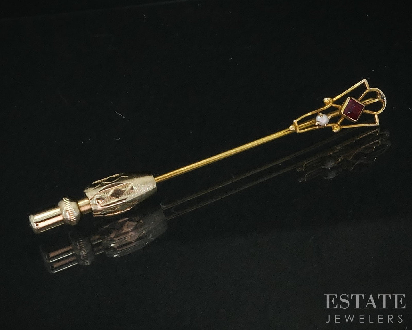 Antique 10k Yellow Gold Ostby Barton Red Stone Seed Pearl Stick Pin 0.8g i18962