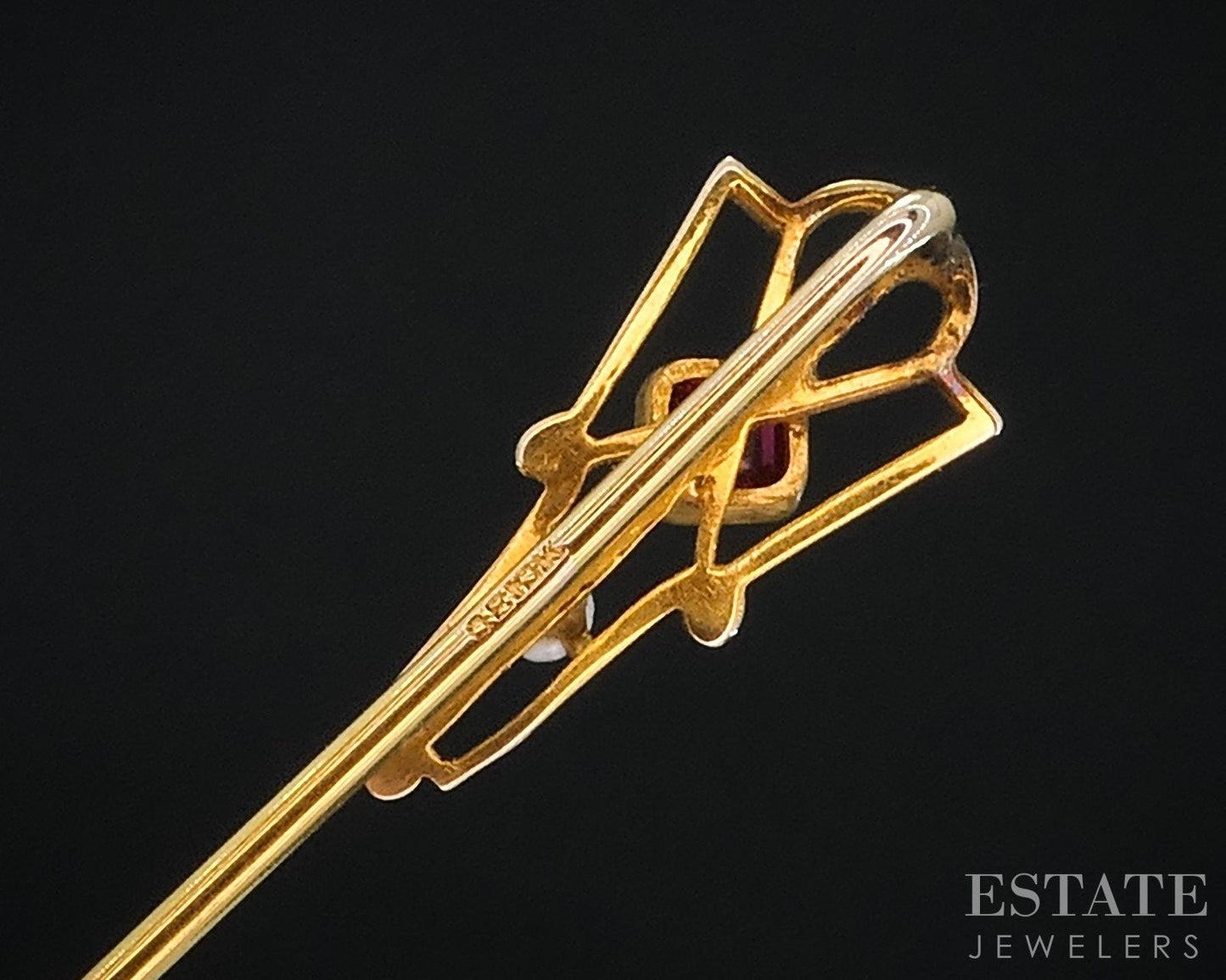 Antique 10k Yellow Gold Ostby Barton Red Stone Seed Pearl Stick Pin 0.8g i18962