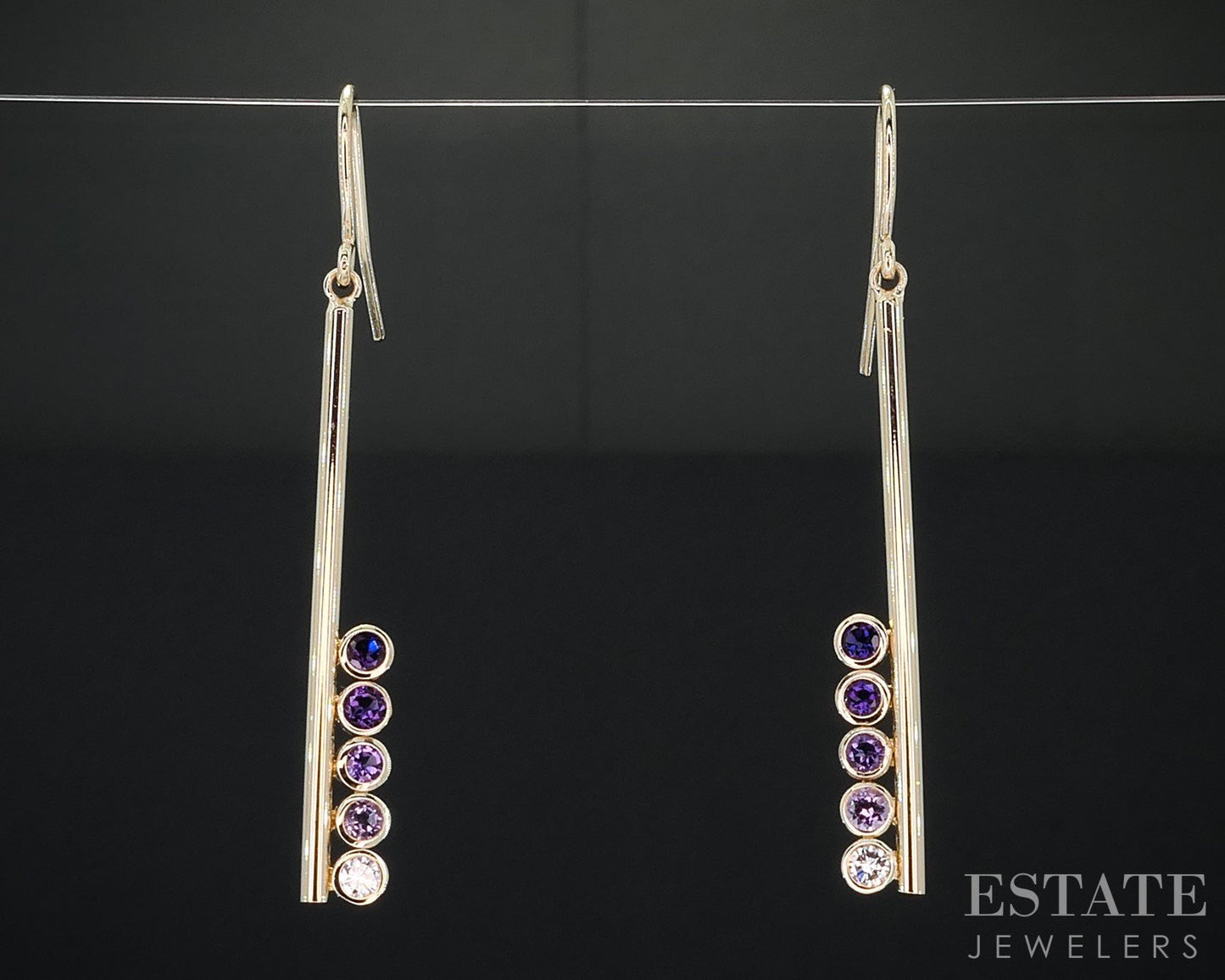 14k Yellow Gold Natural Amethyst & Diamond Bar Dangle Earrings 3g i18956