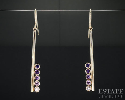 14k Yellow Gold Natural Amethyst & Diamond Bar Dangle Earrings 3g i18956
