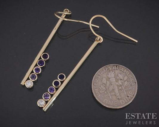 14k Yellow Gold Natural Amethyst & Diamond Bar Dangle Earrings 3g i18956