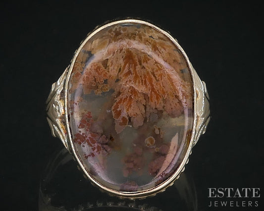 Antique Victorian 10k Yellow Gold Natural Dendritic Agate Ladies Ring 3g i18948