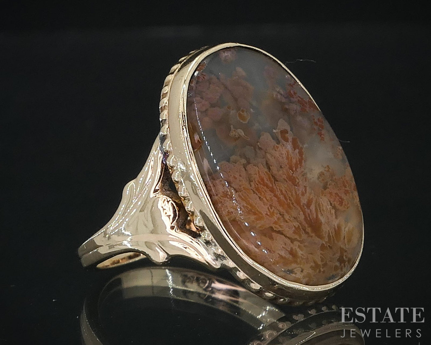 Antique Victorian 10k Yellow Gold Natural Dendritic Agate Ladies Ring 3g i18948