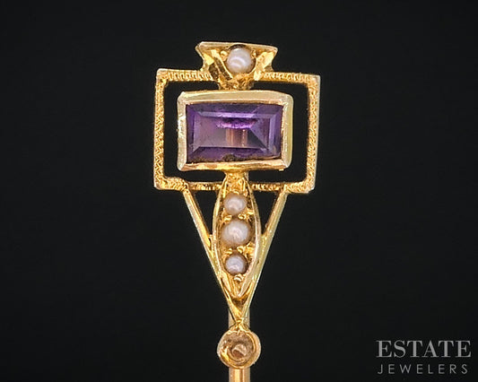 Antique Victorian 14k Yellow Gold Amethyst & Seed Pearl Stick Pin 1.2g i18967