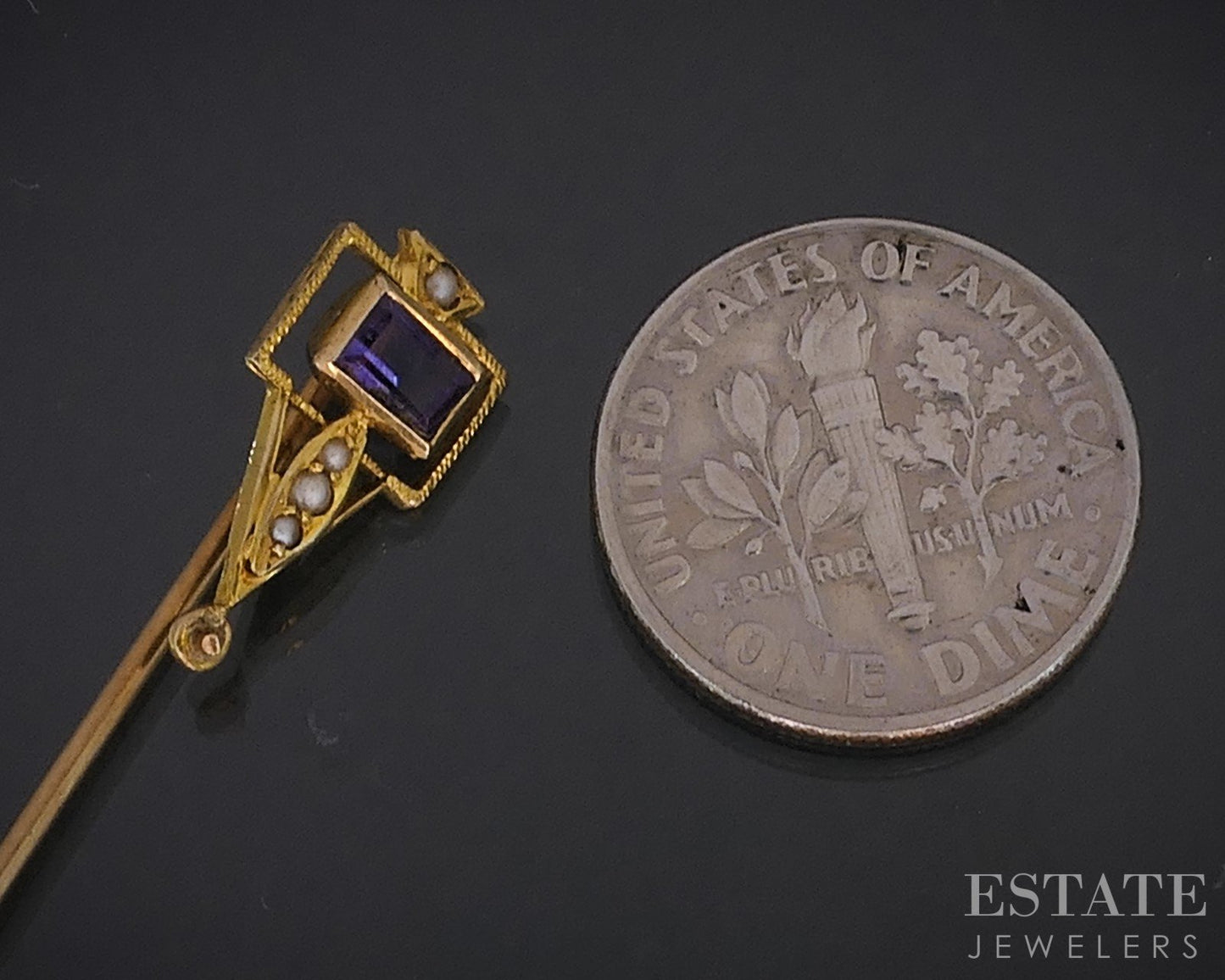 Antique Victorian 14k Yellow Gold Amethyst & Seed Pearl Stick Pin 1.2g i18967