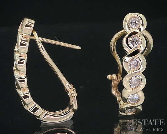 14k Yellow Gold Natural .30ctw Diamond J Hoop Omega Back Earrings 3.5g i18951
