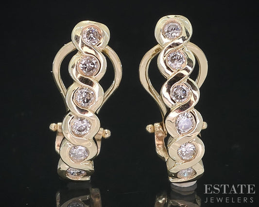 14k Yellow Gold Natural .30ctw Diamond J Hoop Omega Back Earrings 3.5g i18951