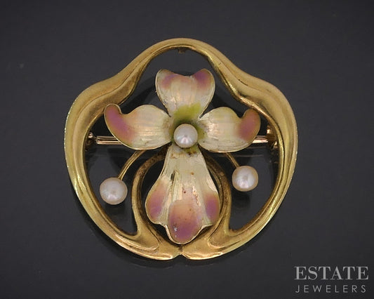 Antique Art Nouveau 14k Yellow Gold Enameled Flower Pearl Pin Brooch 2.7g i18949