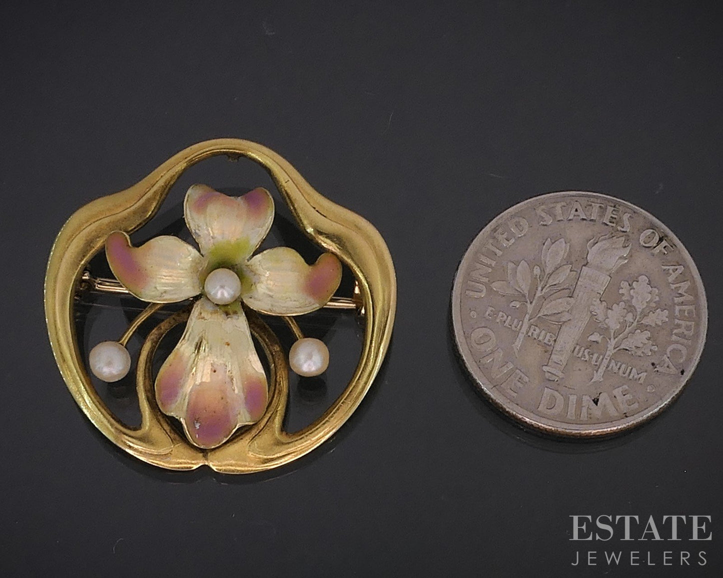 Antique Art Nouveau 14k Yellow Gold Enameled Flower Pearl Pin Brooch 2.7g i18949