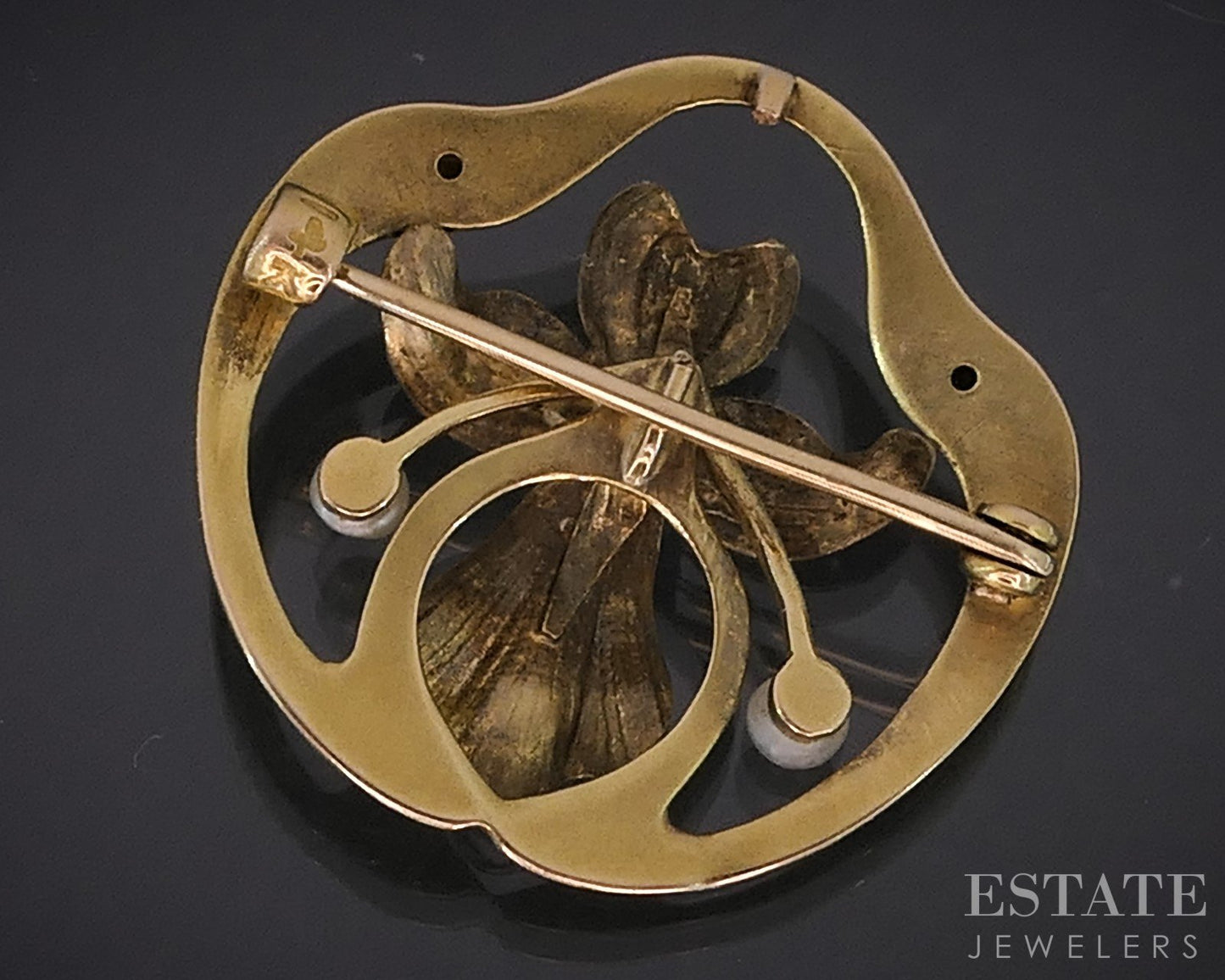Antique Art Nouveau 14k Yellow Gold Enameled Flower Pearl Pin Brooch 2.7g i18949