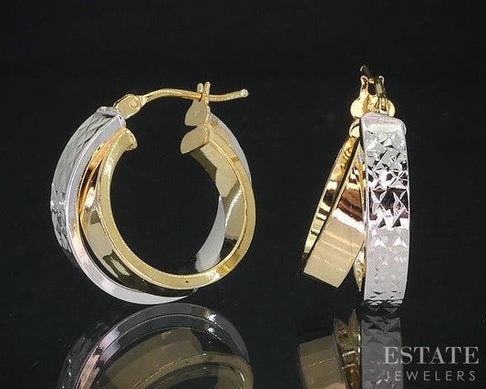 10k Yellow & White Gold Crossover D/C Hoop Ladies Earrings 4.0g i18783