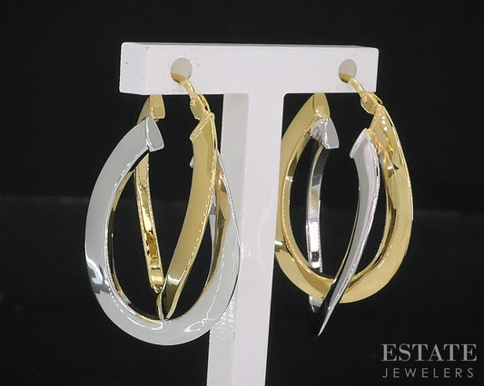 10k Yellow & White Gold Crossover Oval Hoop Ladies Earrings 2.1g i18766