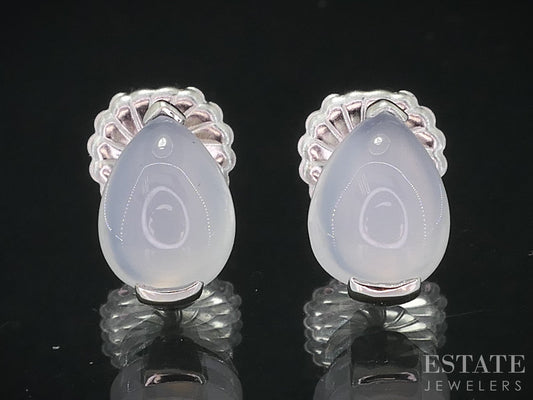 18k White Gold Pear Cabochon Natural Chalcedony Stud Earrings 2.5g i18977