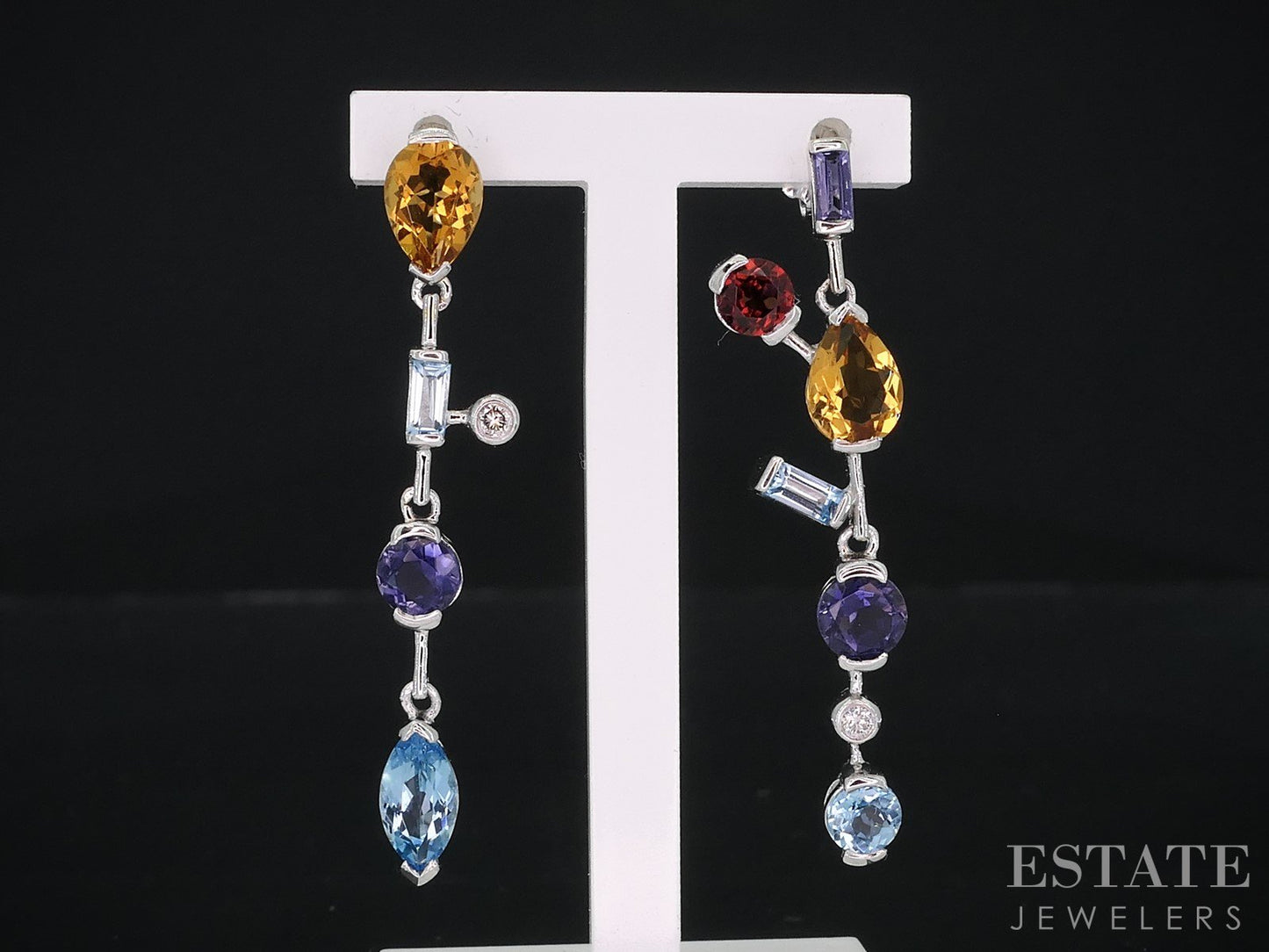 18k White Gold Natural Multi Gem & Diamond Dangle Earrings 4.2g i18978