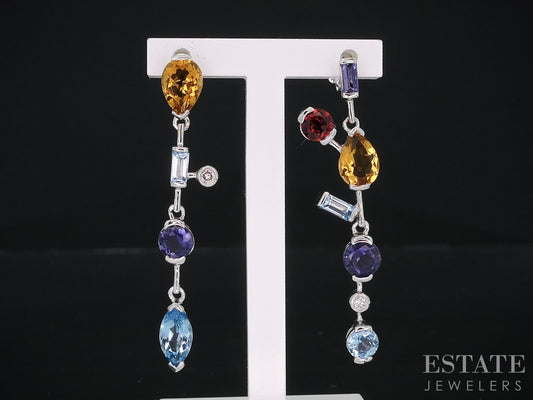 18k White Gold Natural Multi Gem & Diamond Dangle Earrings 4.2g i18978