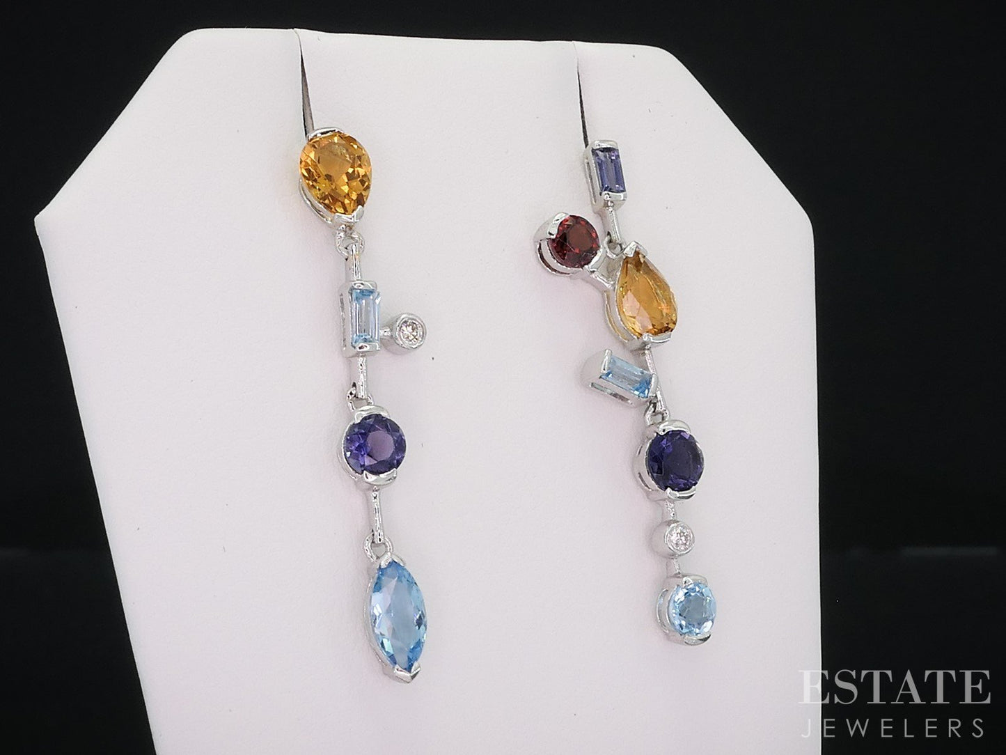 18k White Gold Natural Multi Gem & Diamond Dangle Earrings 4.2g i18978