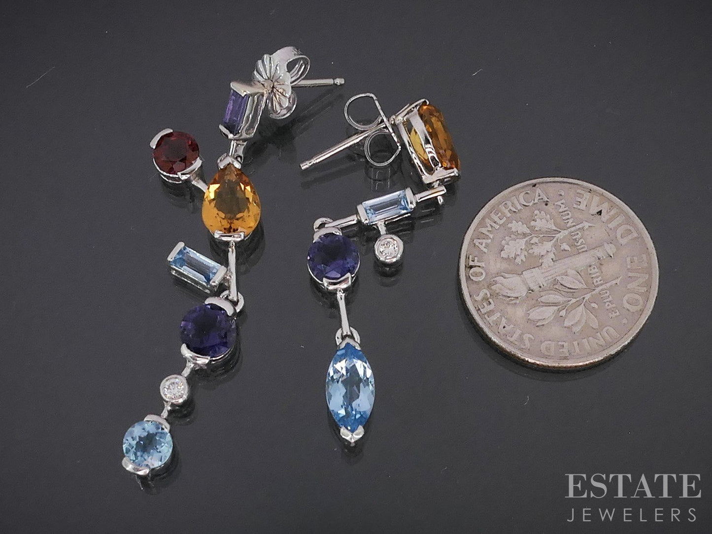 18k White Gold Natural Multi Gem & Diamond Dangle Earrings 4.2g i18978