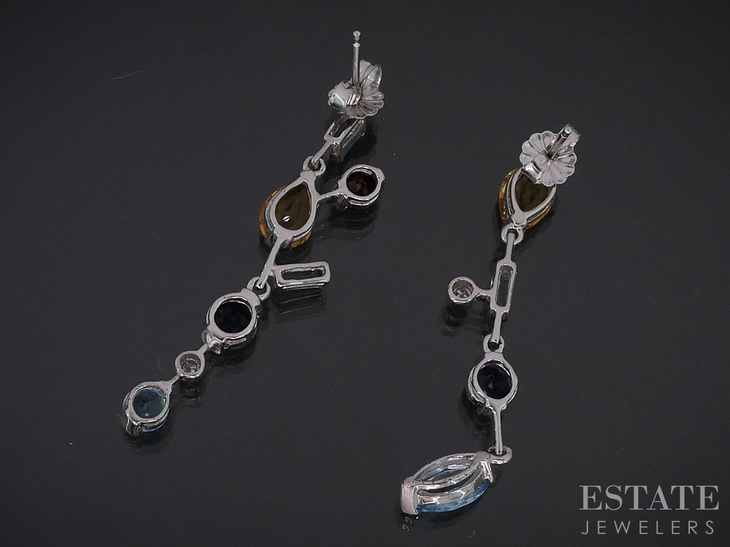 18k White Gold Natural Multi Gem & Diamond Dangle Earrings 4.2g i18978