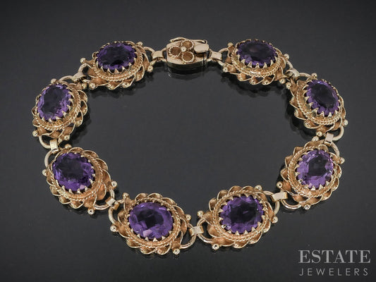 Vintage 14k Yellow Gold Oval Natural Amethyst Link Bracelet 21.4g 7.25"L i18975