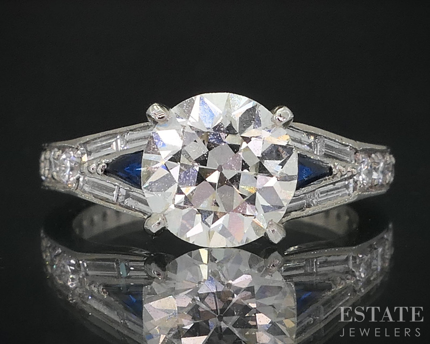 Antique 19k White Gold OEC 1.37ct Diamond & Blue Sapphire Engagement Ring i18999