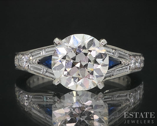 Antique 19k White Gold OEC 1.37ct Diamond & Blue Sapphire Engagement Ring i18999
