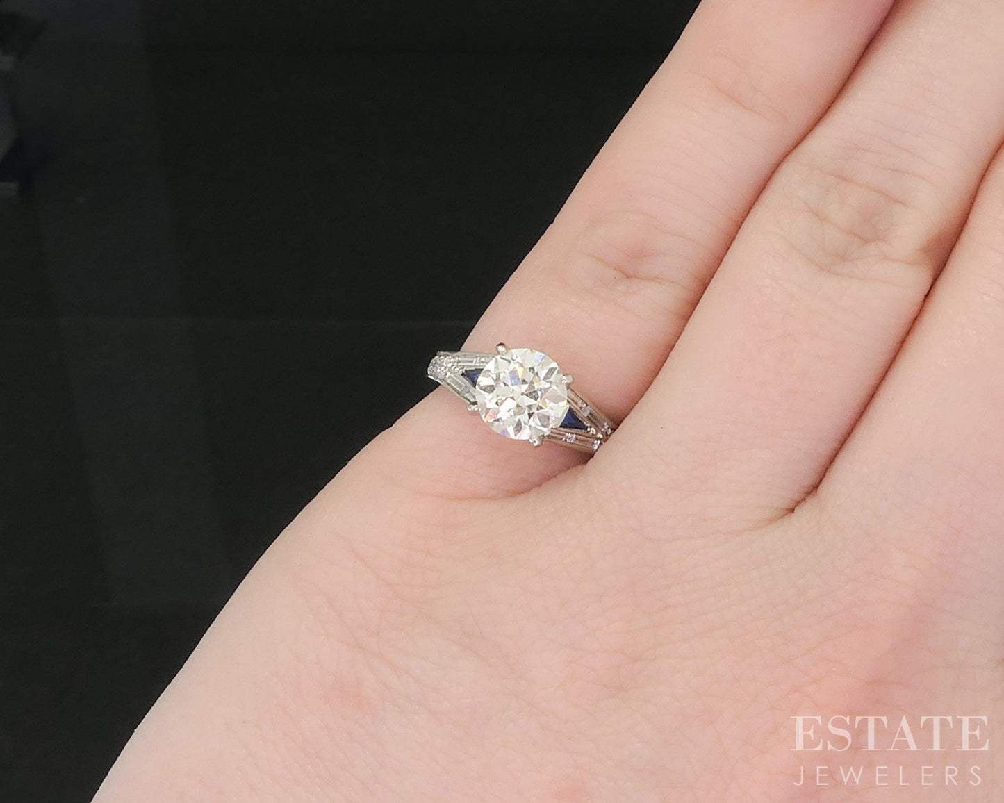 Antique 19k White Gold OEC 1.37ct Diamond & Blue Sapphire Engagement Ring i18999