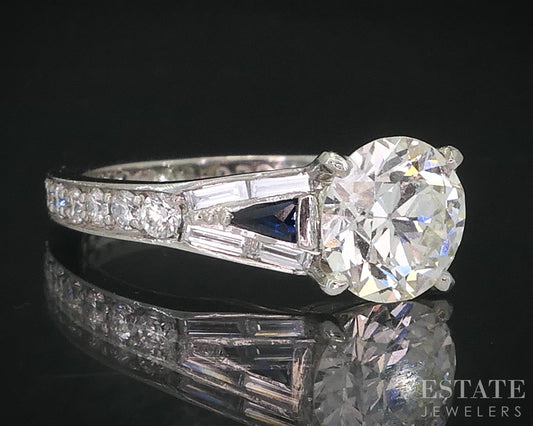 Antique 19k White Gold OEC 1.37ct Diamond & Blue Sapphire Engagement Ring p80102