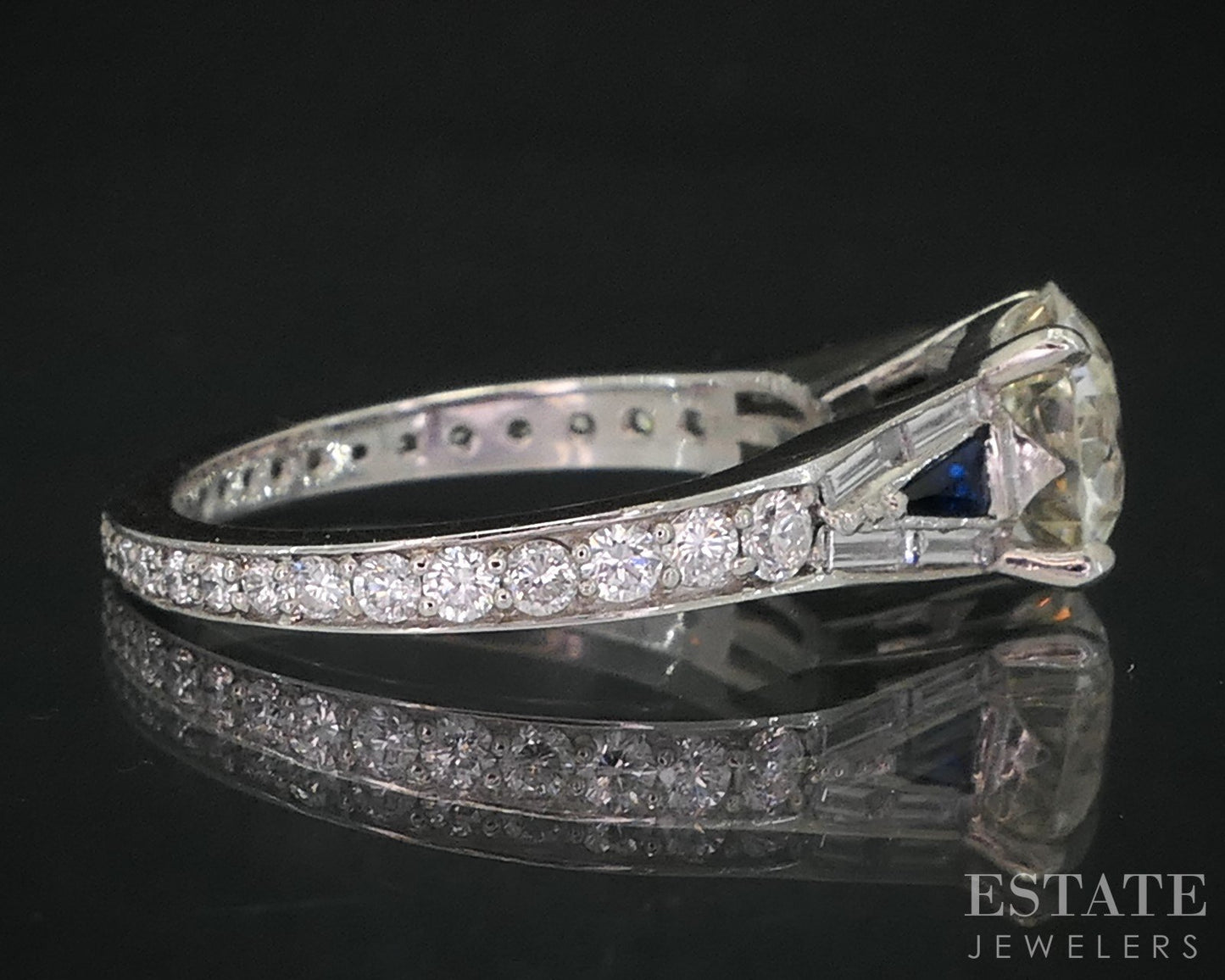 Antique 19k White Gold OEC 1.37ct Diamond & Blue Sapphire Engagement Ring i18999