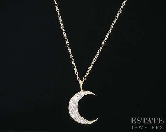 14k Yellow Gold Lab Created Diamond Crescent Moon Ladies Necklace 18"L i18920