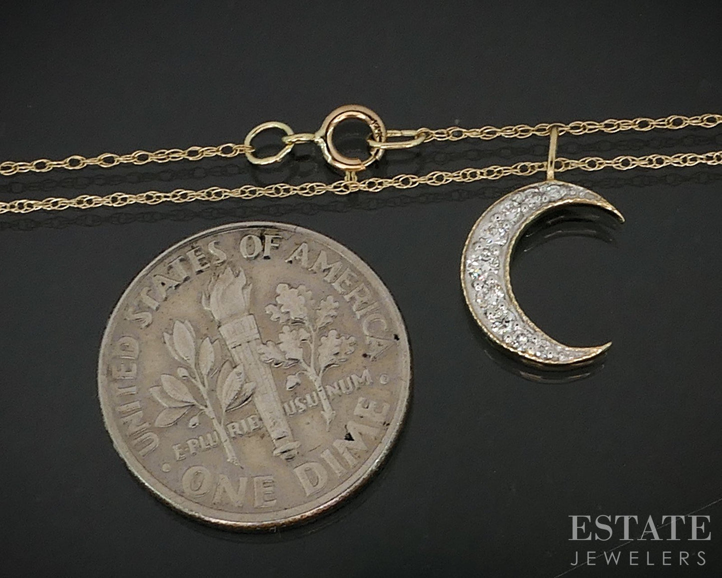 14k Yellow Gold Lab Created Diamond Crescent Moon Ladies Necklace 18"L i18920