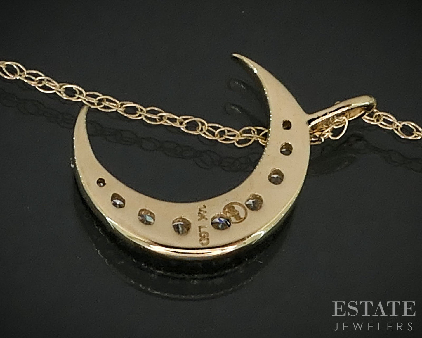 14k Yellow Gold Lab Created Diamond Crescent Moon Ladies Necklace 18"L i18920