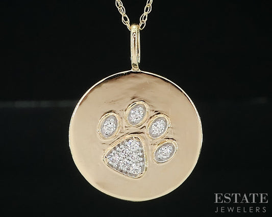 14k Yellow Gold Lab Created Diamond Paw Print Ladies Necklace 1.3g 18"L i18897