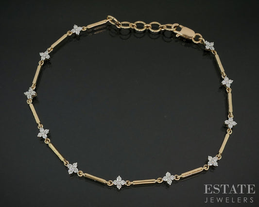 14k Yellow Gold Lab Created .56ctw Diamond Flower Station Bracelet 4.7g p79403
