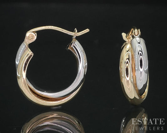 10k Yellow & White Gold Crossover Hoop Ladies Earrings 1.5g i19059