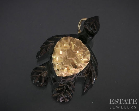 14k Yellow Gold Natural Black Coral Sea Turtle Charm Pendant 2.4g i19049b