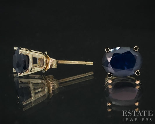 14k Yellow Gold Oval Natural Blue Sapphire Stud Earrings i19053b