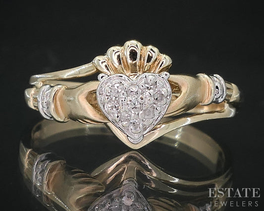 Vintage 10k Yellow Gold Natural Diamond Irish Claddagh Ladies Ring 2.6g i19046b