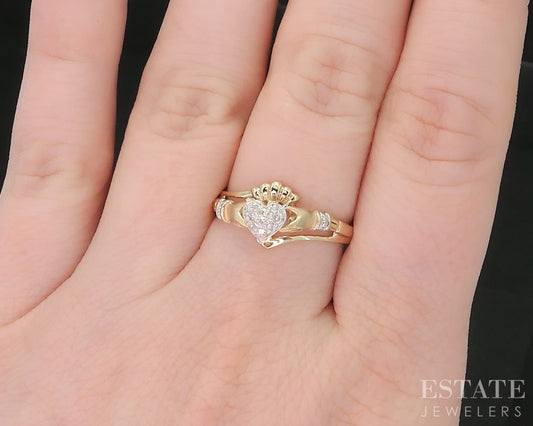 Vintage 10k Yellow Gold Natural Diamond Irish Claddagh Ladies Ring 2.6g i19046b