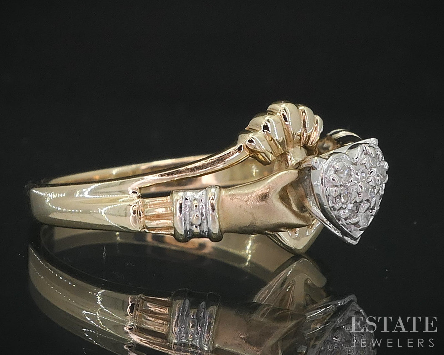 Vintage 10k Yellow Gold Natural Diamond Irish Claddagh Ladies Ring 2.6g i19046b