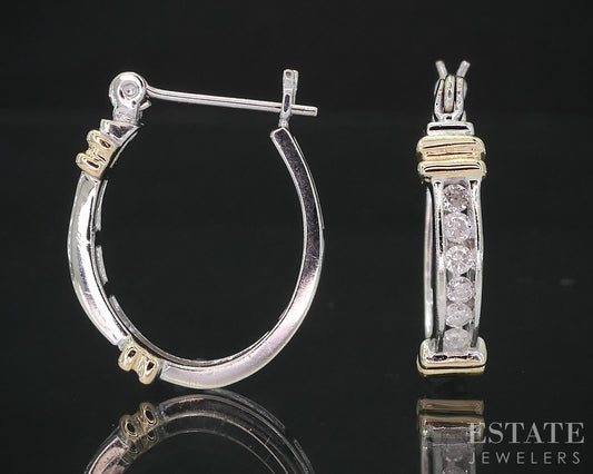 14k White & Yellow Gold Round Natural .24ctw Diamond Hoop Earrings 2.8g i19050b