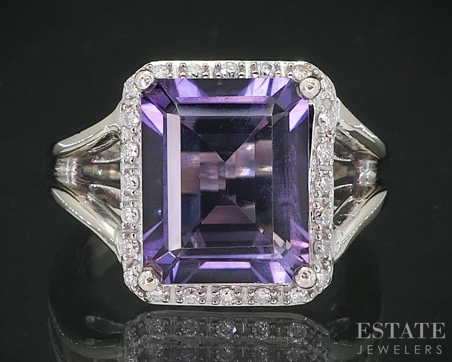 14k White Gold Emerald Natural Amethyst & Diamond Ladies Halo Ring 6.1g i19047b