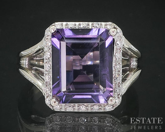 14k White Gold Emerald Natural Amethyst & Diamond Ladies Halo Ring 6.1g i19047b